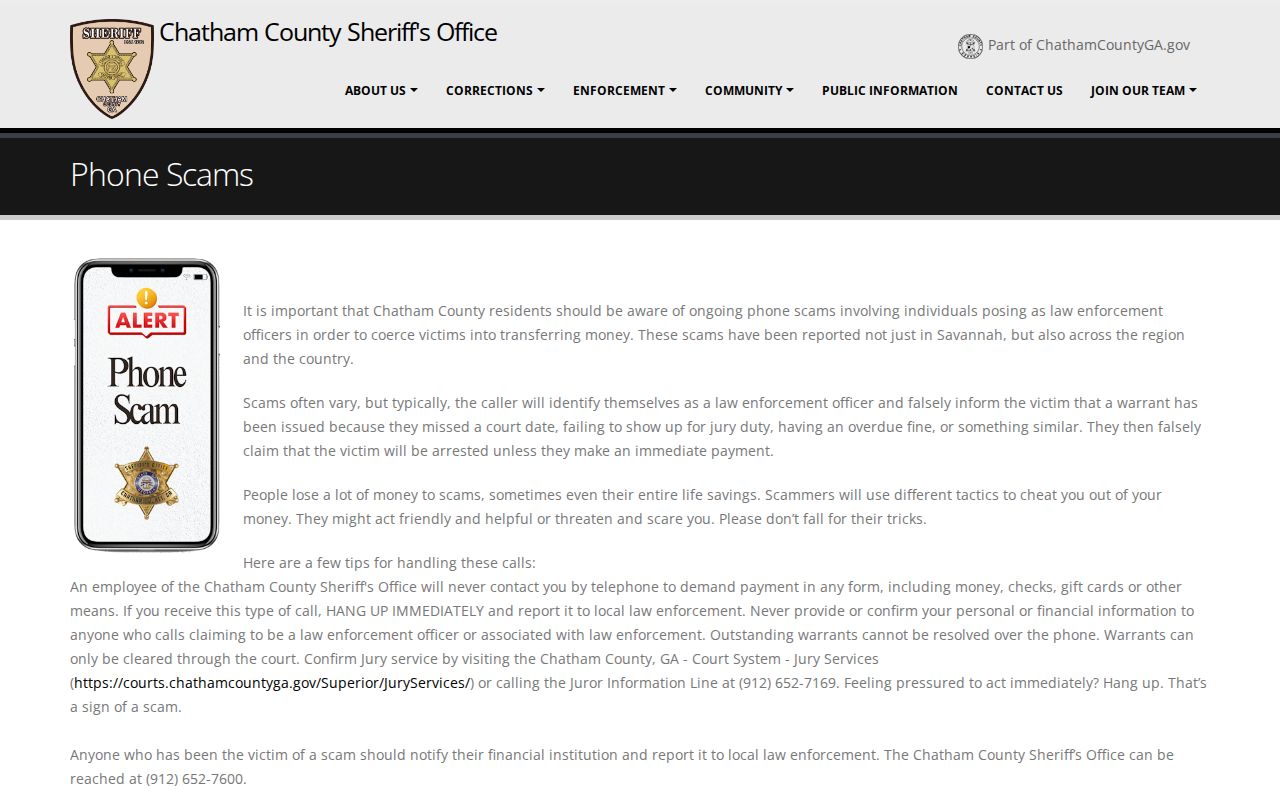 Chatham County Sheriff warning about false warrant payment calls