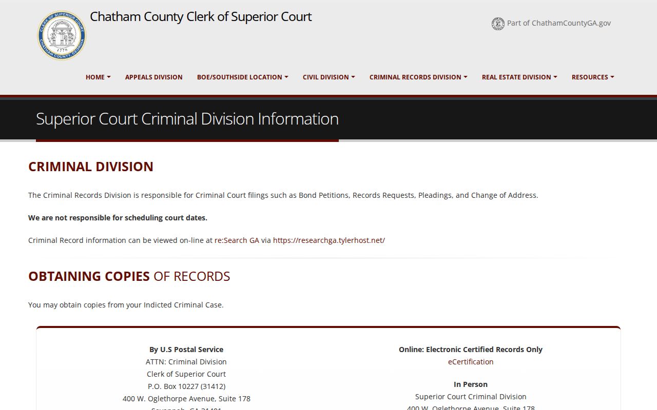 Chatham County Superior Court Clerk Criminal Division records page