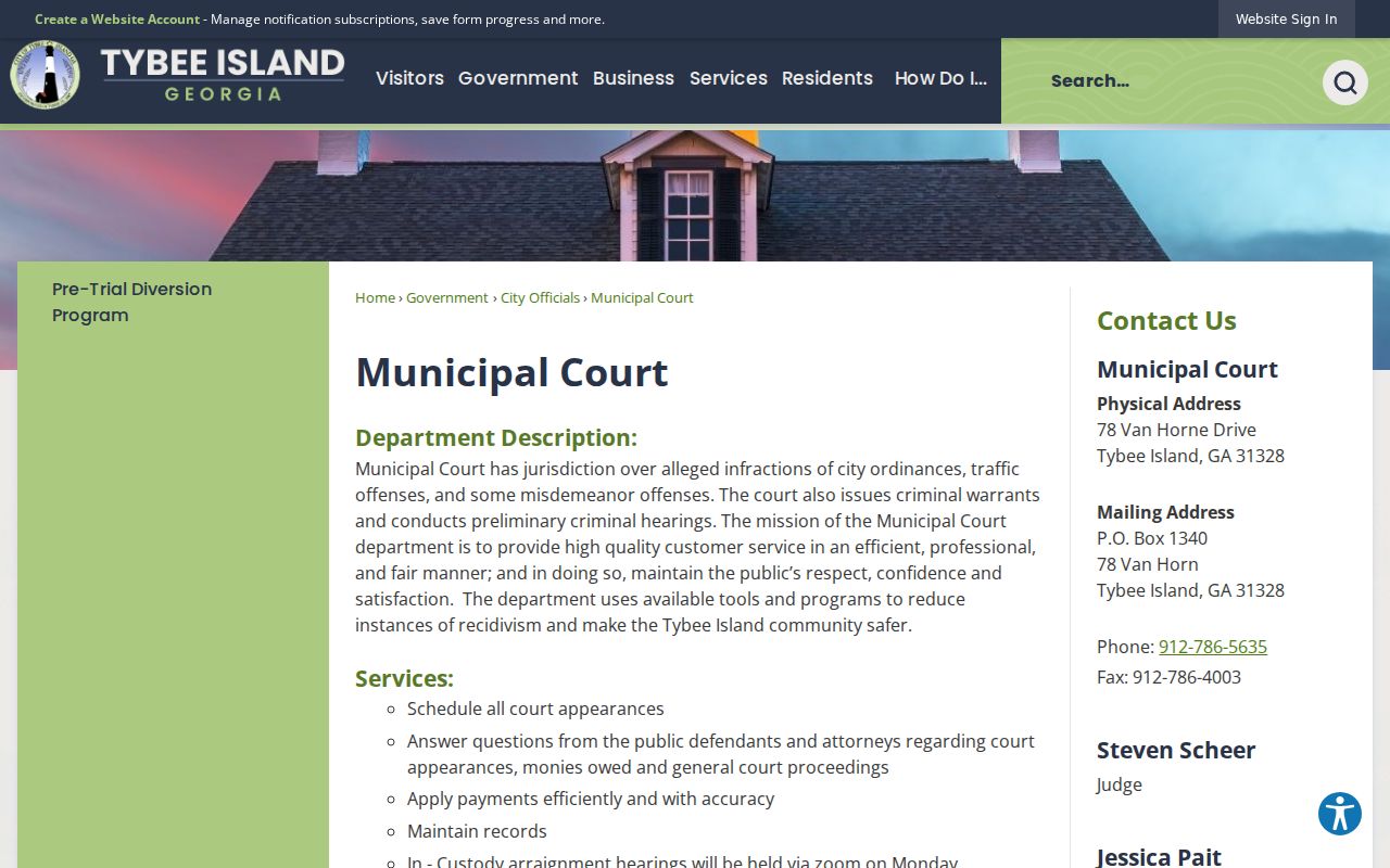 Tybee Island Municipal Court page describing criminal warrant functions