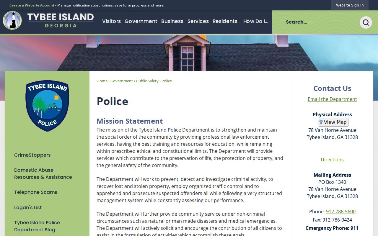 Tybee Island Police page with JustFOIA records request route
